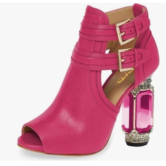 XYD Shoes - XYD Fuchsia Peep Toe Booties Style Pumps Fancy Cylindrical Crystal Heels Shoes